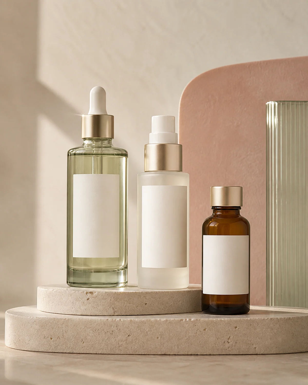 Unbranded sage, frosted and amber facial ampoule bottles on limestone