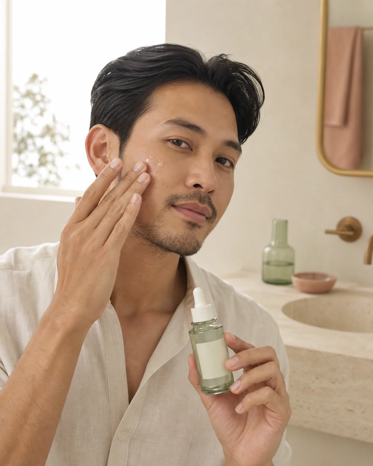 Man pressing clear facial ampoule into his cheek from an unbranded sage dropper bottle