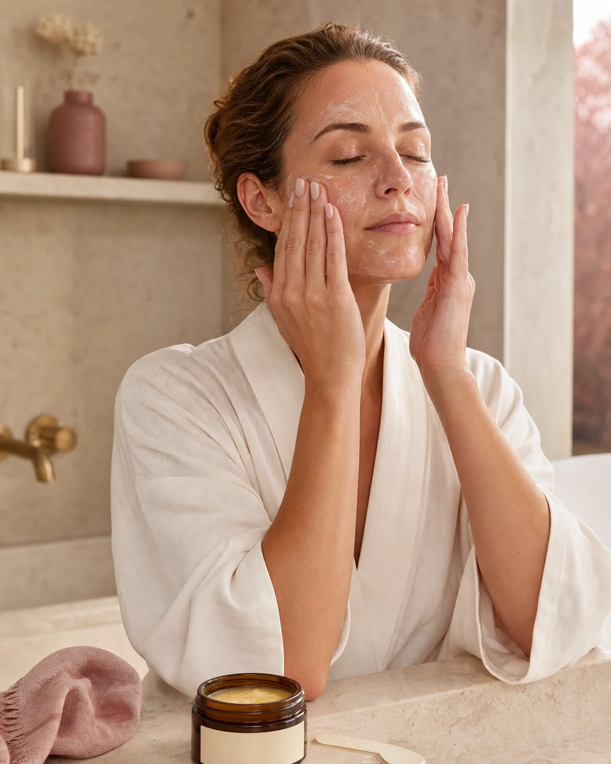 Woman massaging cleansing balm over dry skin beside an unbranded amber jar