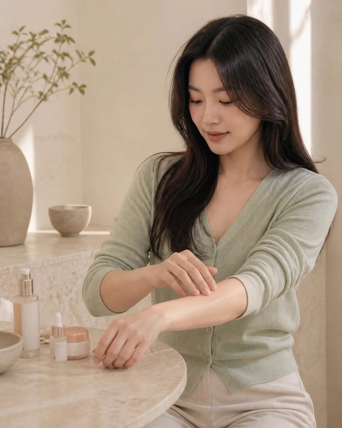 Adult model using an unbranded Collagen serum as part of a daily routine
