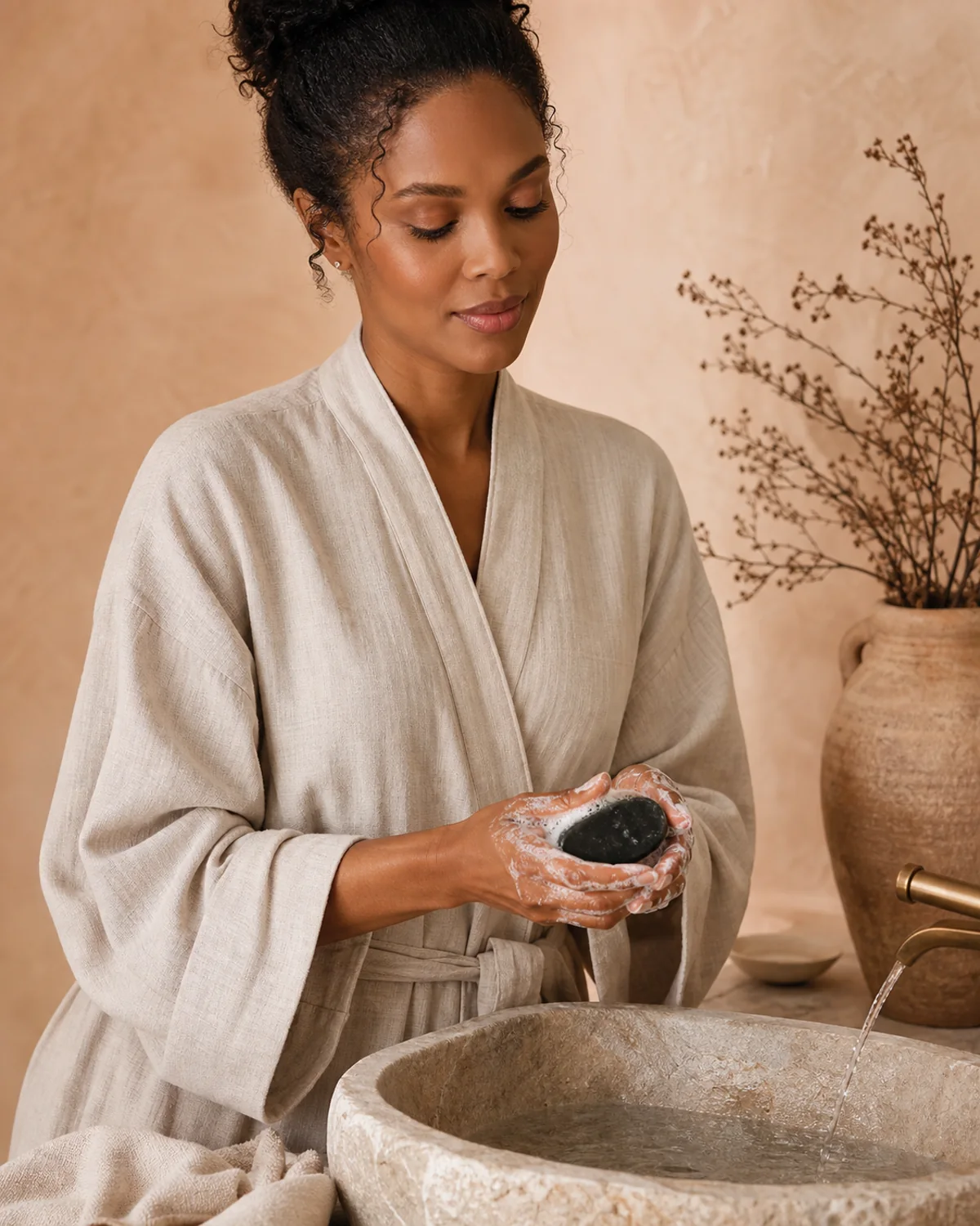 Adult model using an unbranded Exfoliating soap bar as part of a daily routine