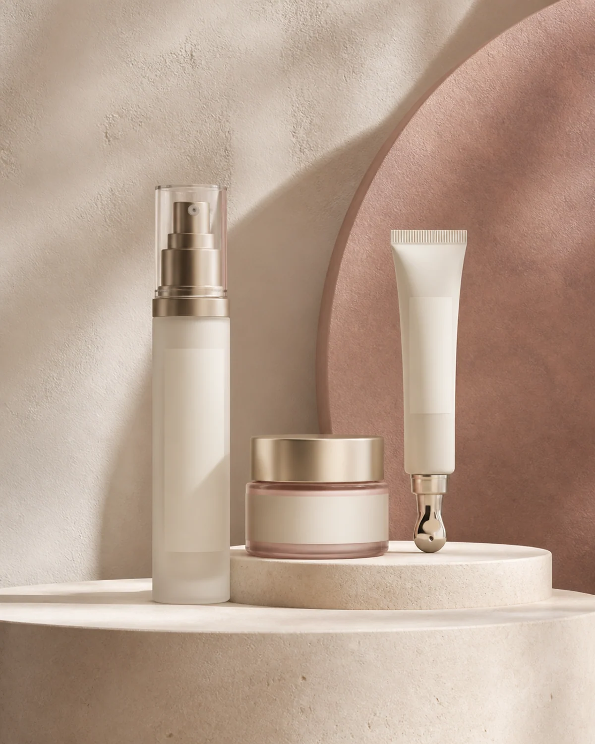Unbranded eye treatment airless pump, jar and cooling-tip tube on limestone
