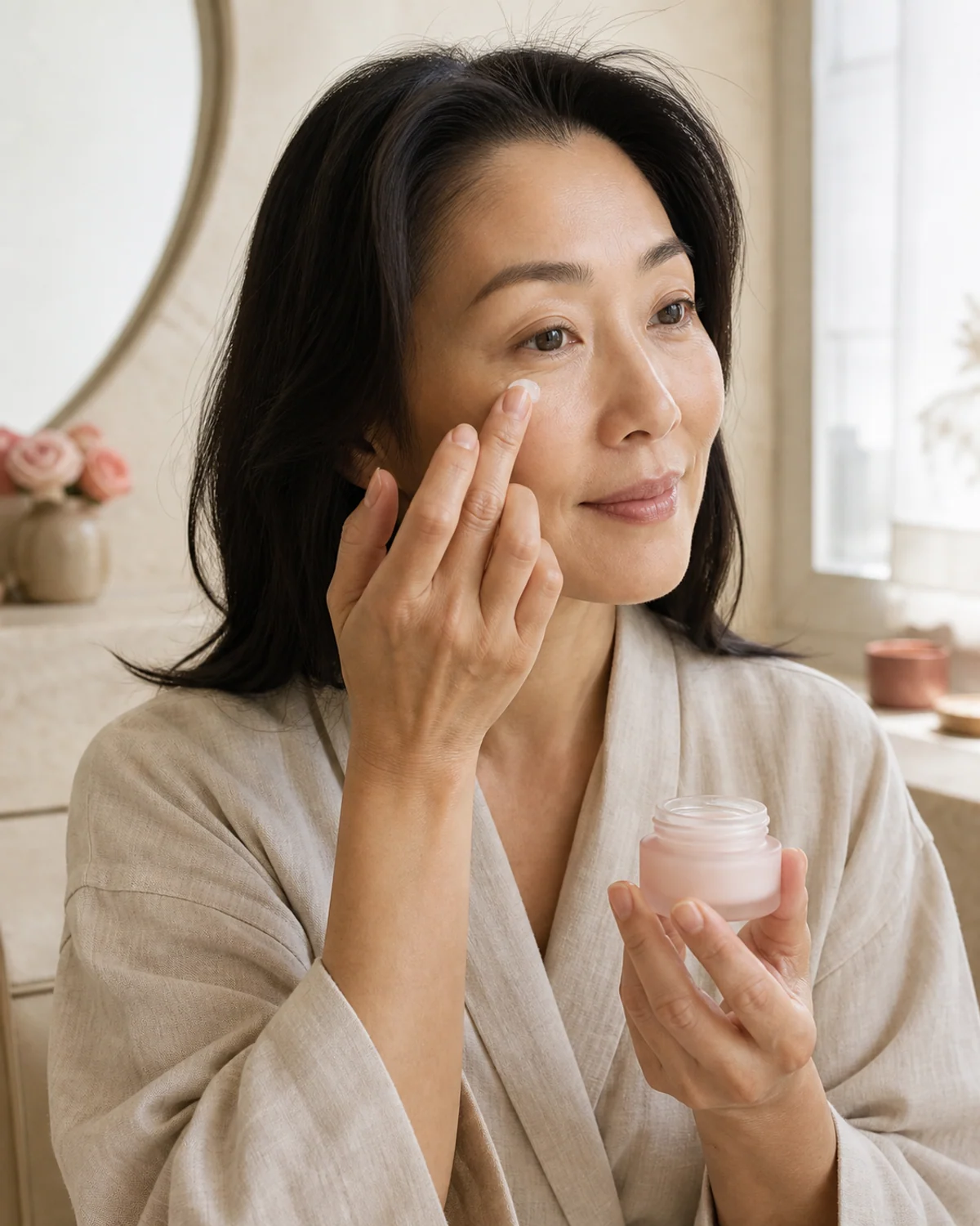 Woman tapping eye cream beneath one eye from an unbranded blush jar