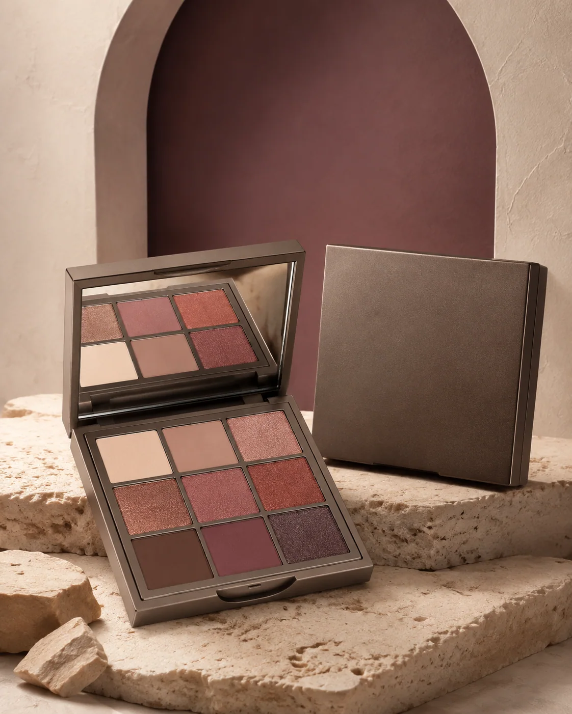 Unbranded eyeshadow palette illustrating a supporting colour-cosmetics format