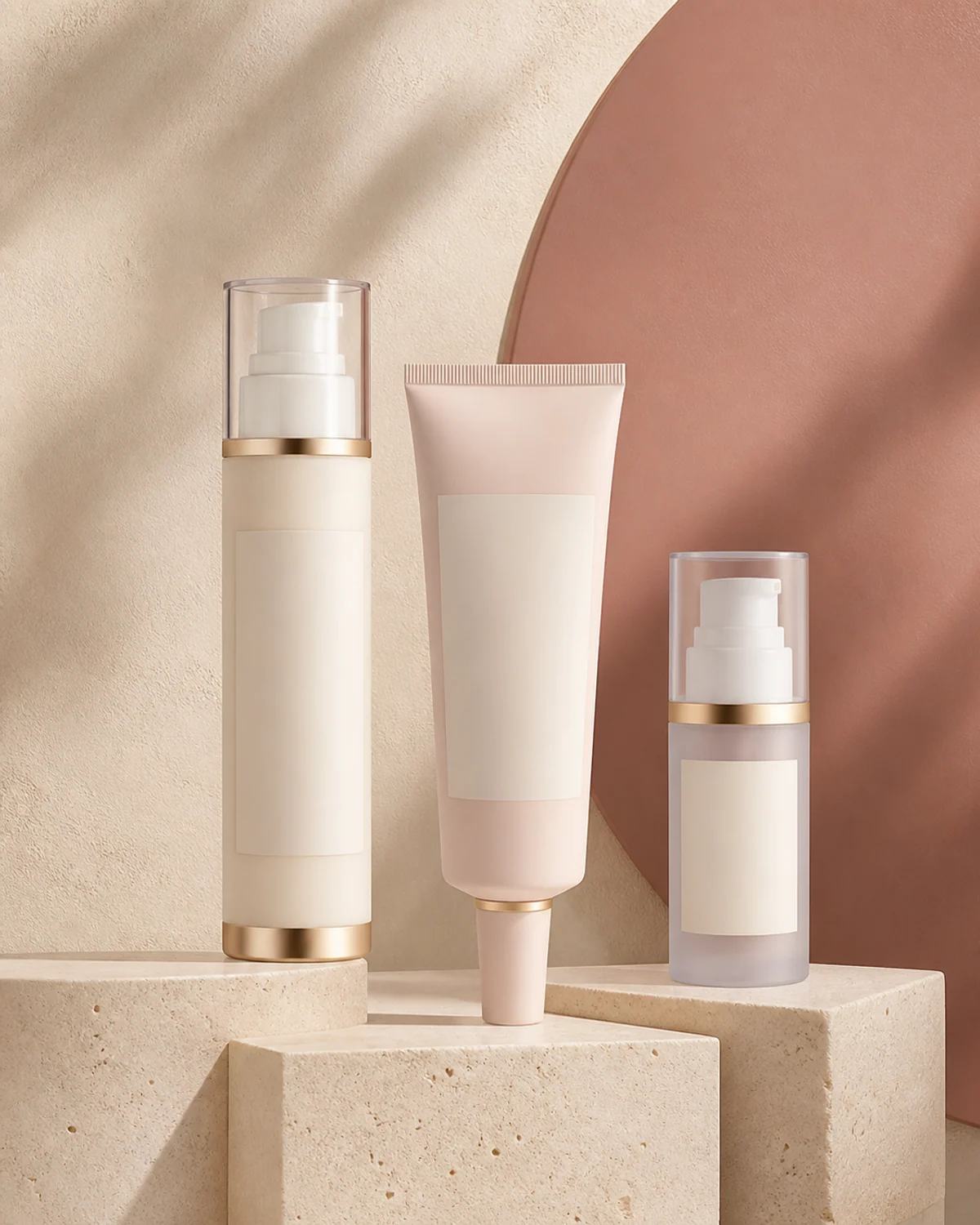Unbranded facial sunscreen airless pumps and tube on limestone plinths