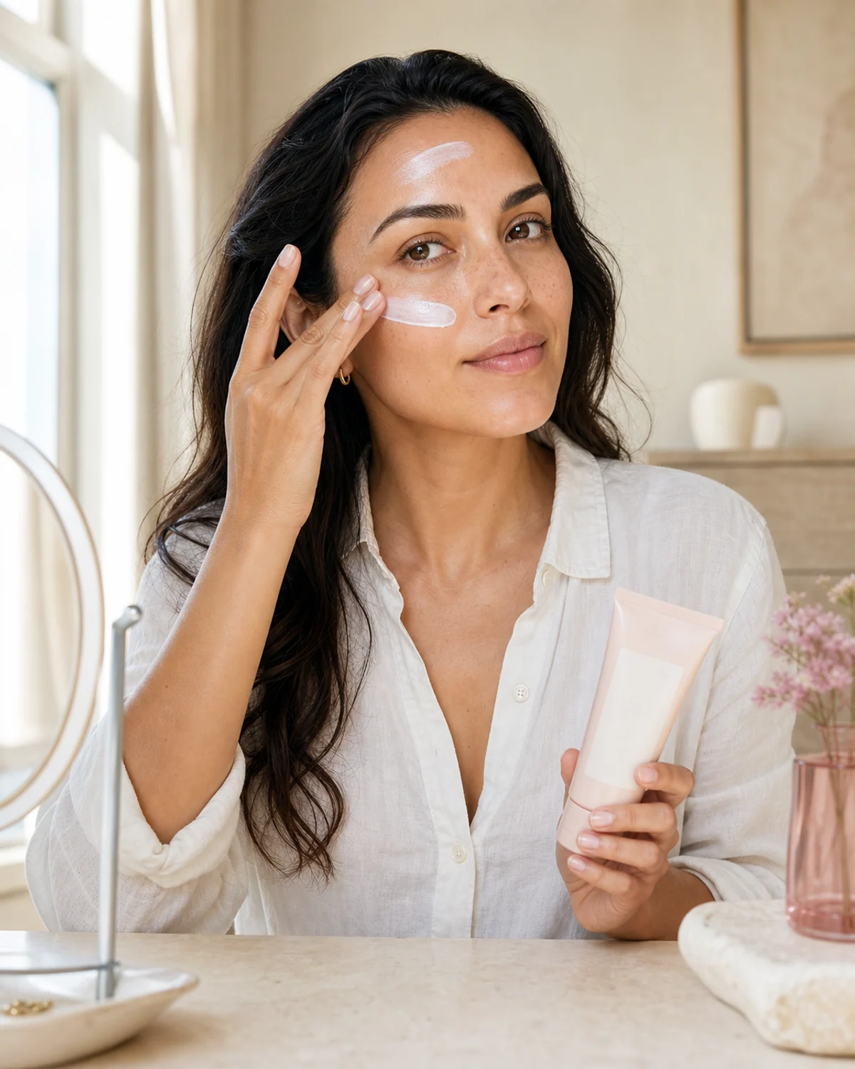 Woman applying facial sunscreen from an unbranded blush tube during a morning routine