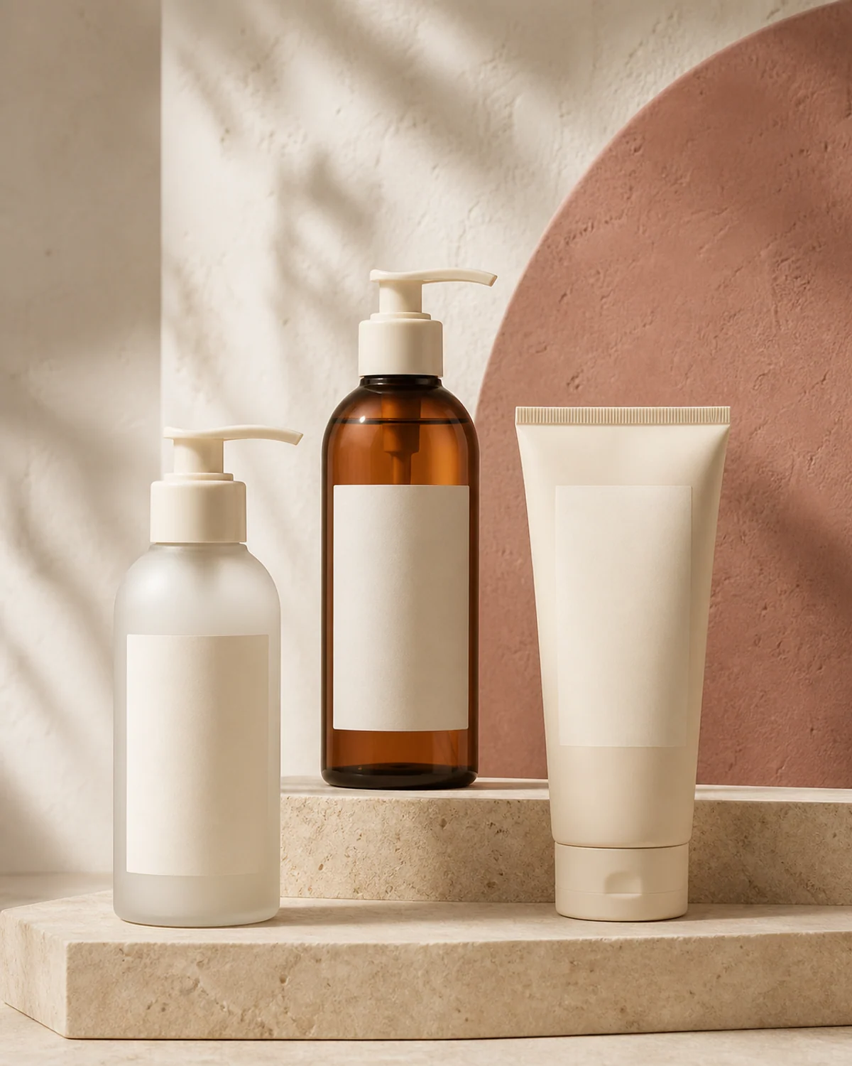 Unbranded facial cleanser pump bottles and tube on warm limestone plinths