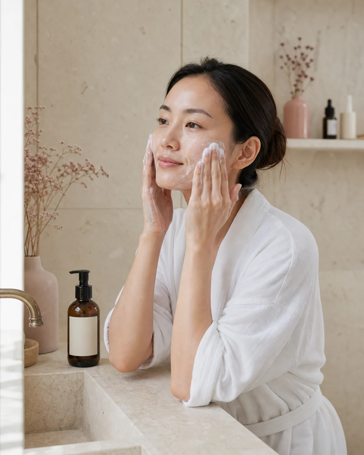 Woman massaging low-foam facial cleanser over damp skin beside an unbranded pump bottle