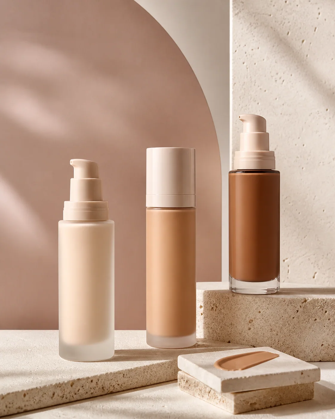 Unbranded foundation bottles showing a complexion product presentation