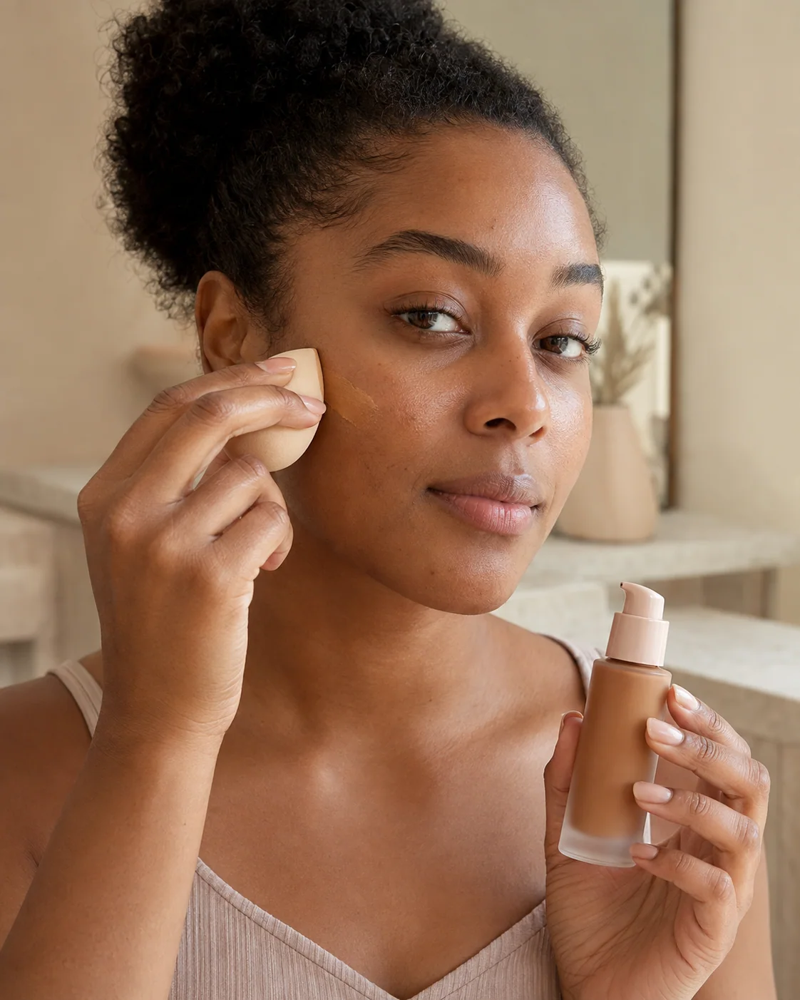 Woman blending foundation with a sponge