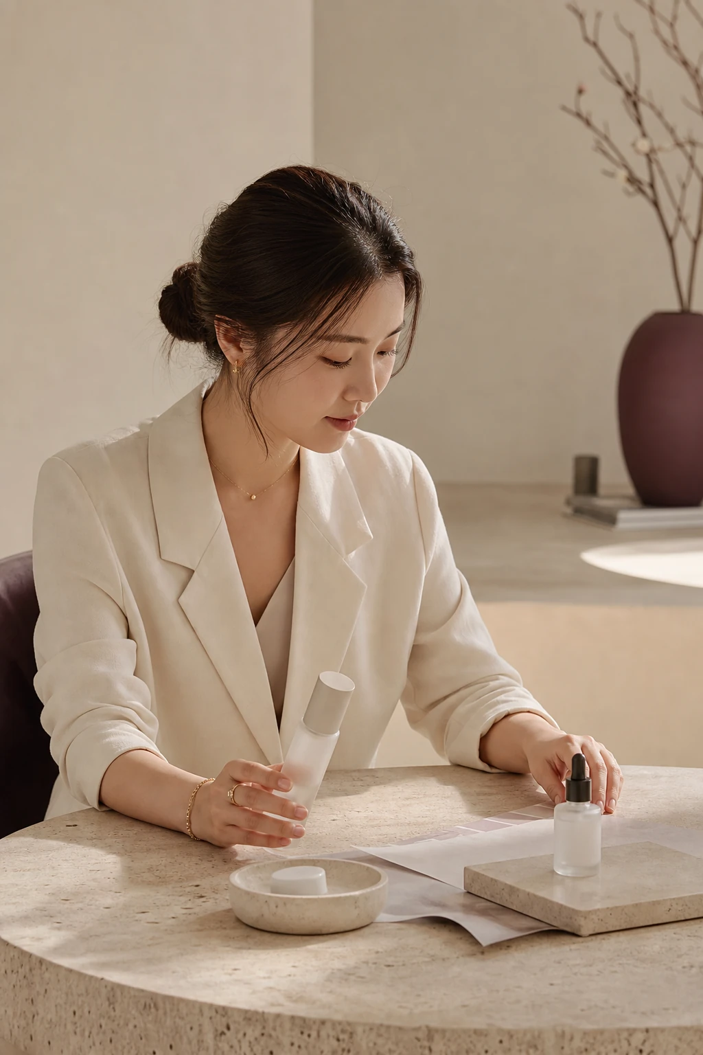 Korean beauty founder reviewing private label skincare packaging