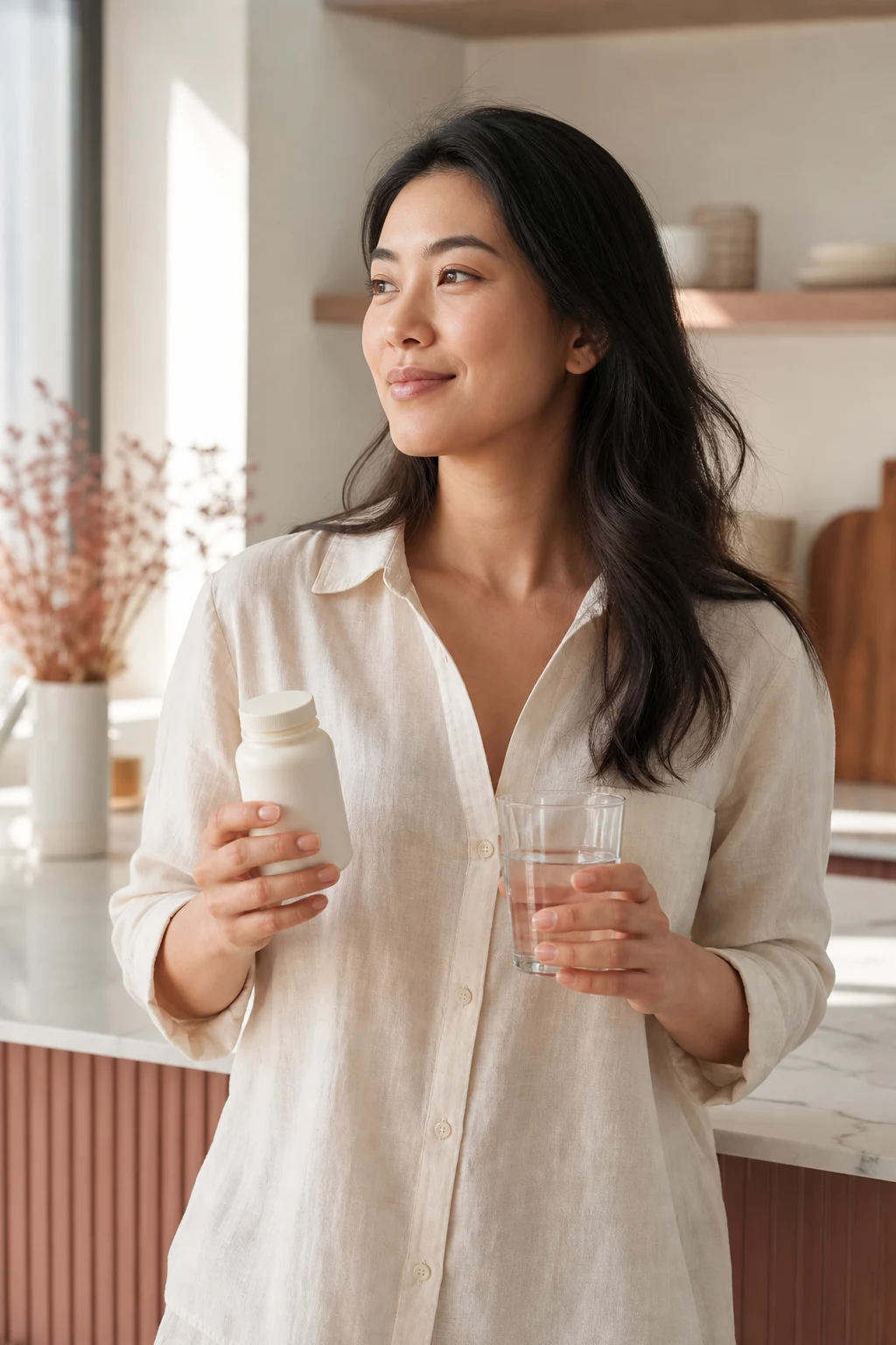 Woman holding an unbranded supplement bottle during a morning routine