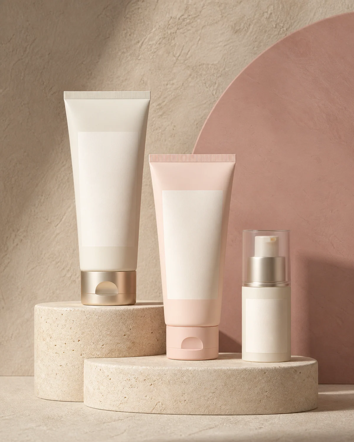 Unbranded ivory and blush hand cream tubes with compact pump on limestone