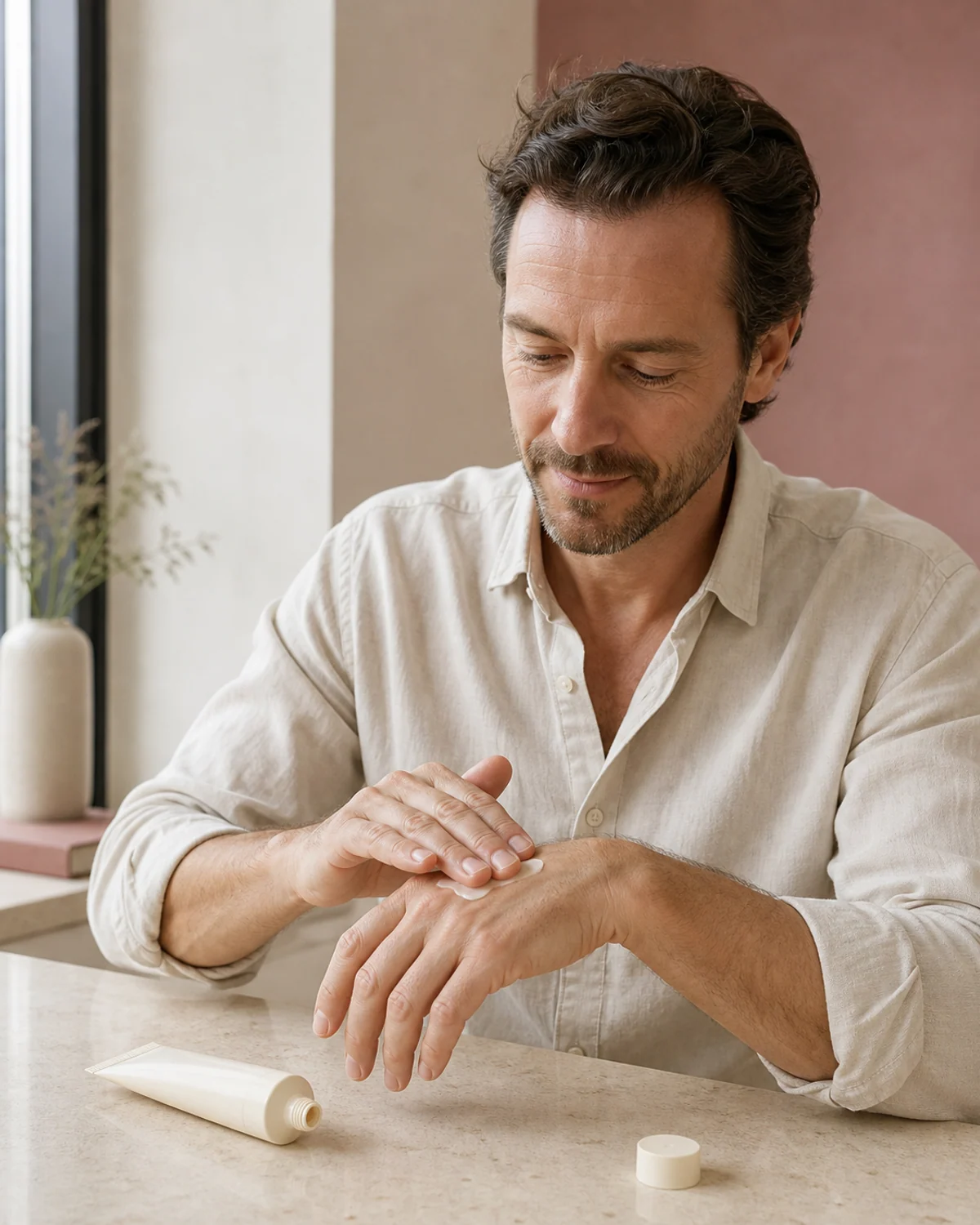 Man massaging hand cream into the back of his hand beside an unbranded tube