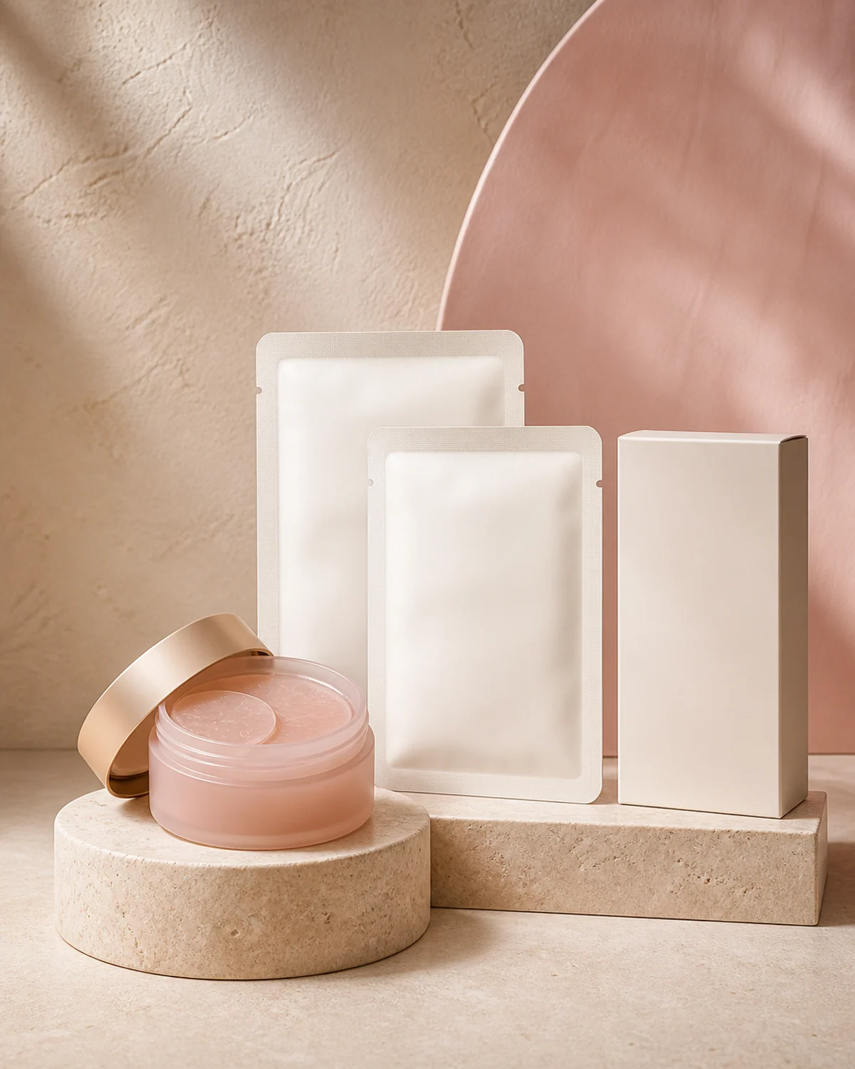 Unbranded hydrogel mask sachets, carton and blush patch jar on limestone