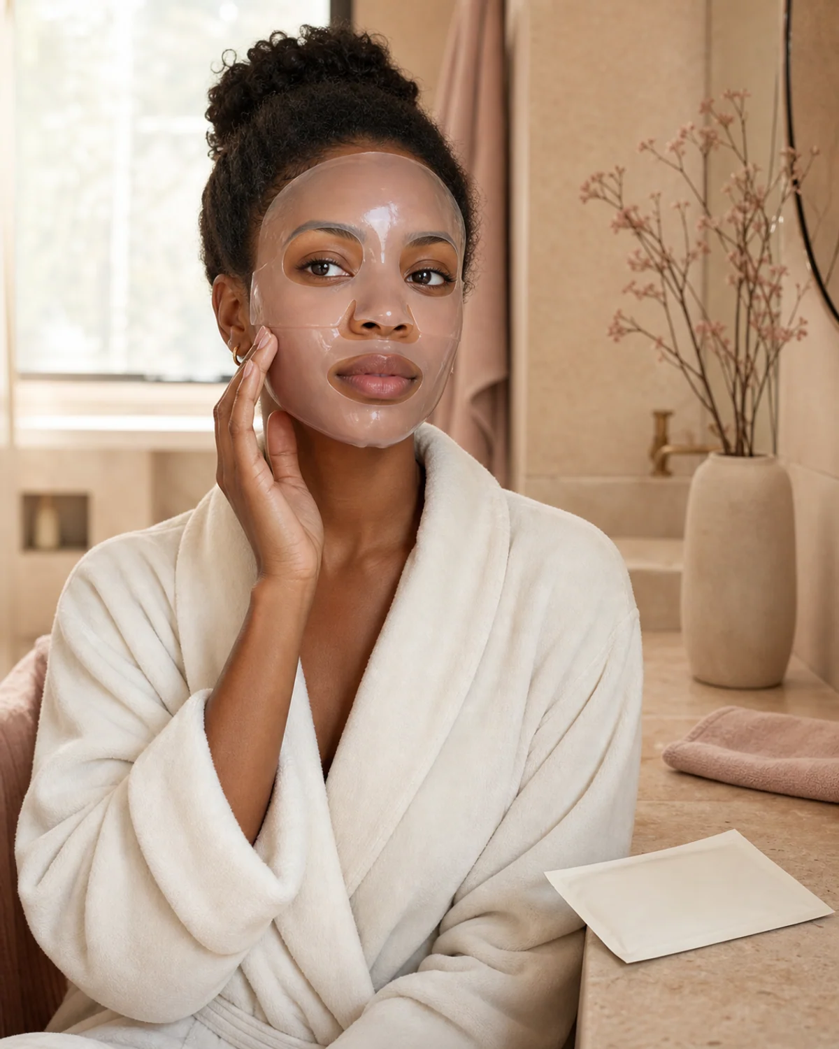 Woman wearing a correctly fitted translucent hydrogel face mask beside a blank sachet