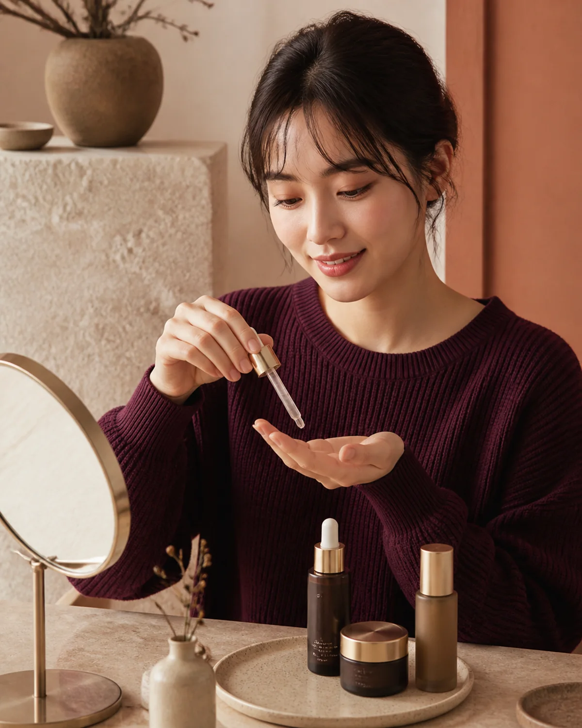 Adult model using an unbranded Kojic acid face serum as part of a daily routine