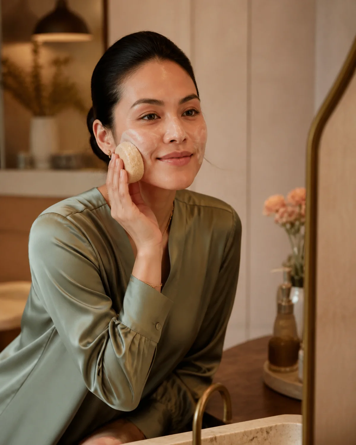 Adult model using an unbranded Charcoal cleansing bar as part of a daily routine