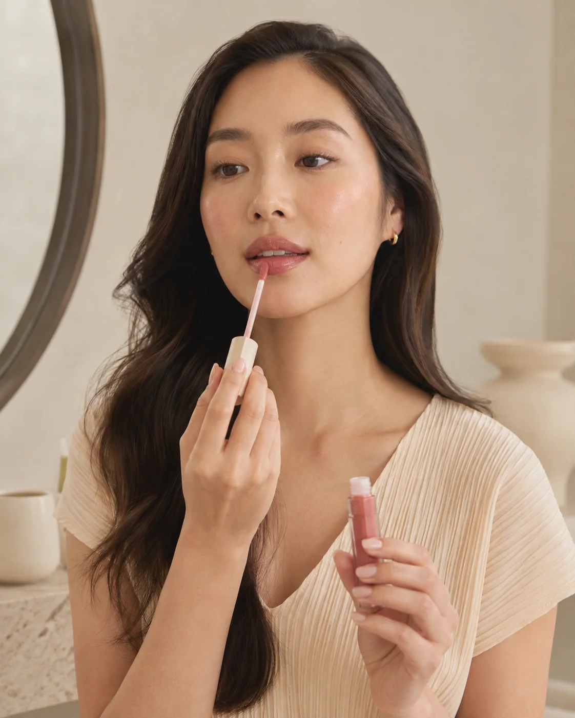 Woman applying nude lip gloss with a doe-foot applicator