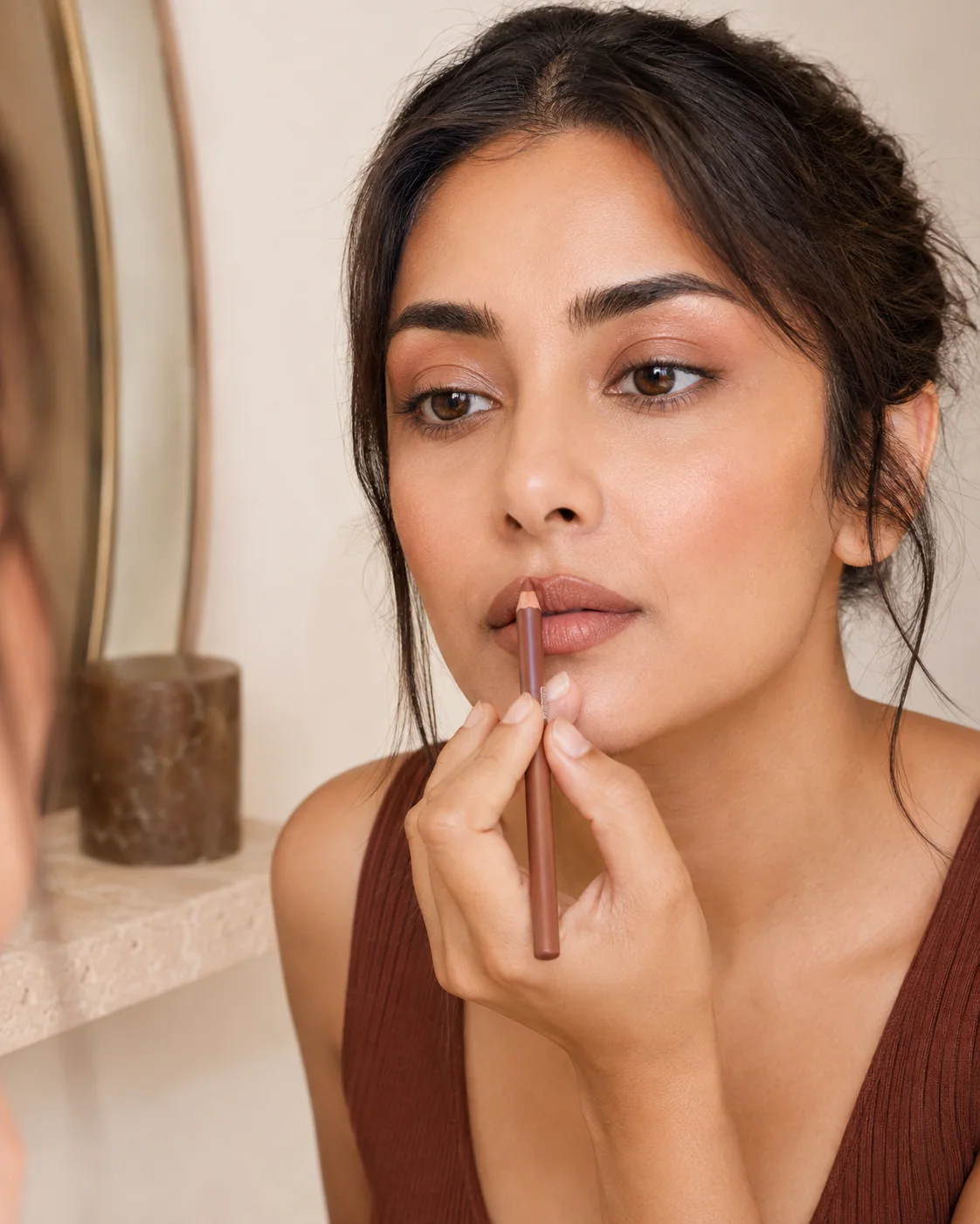 Woman defining her lips with a nude lip liner pencil beside an unbranded cap