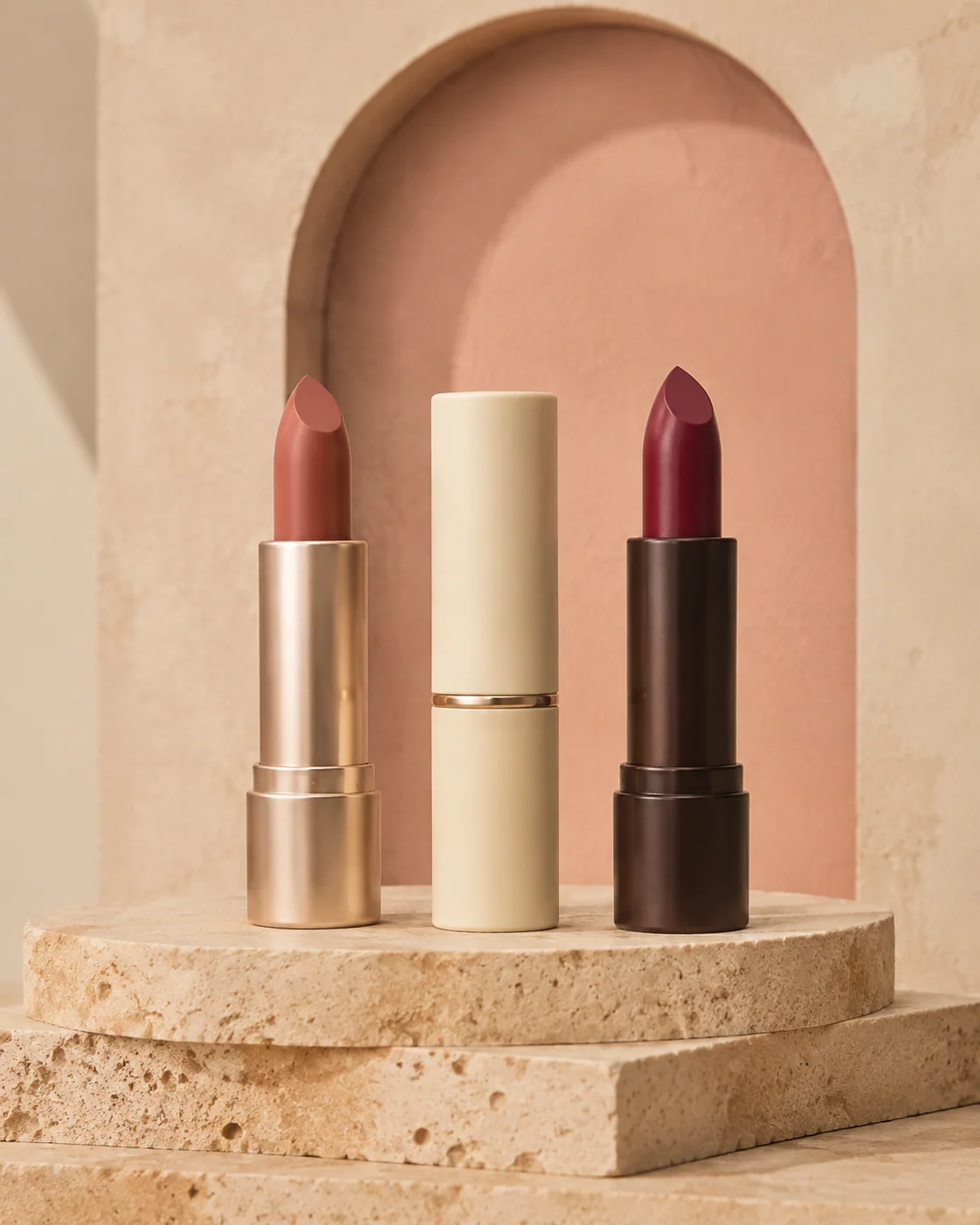 Unbranded lipstick bullets and cases in a warm-toned product arrangement