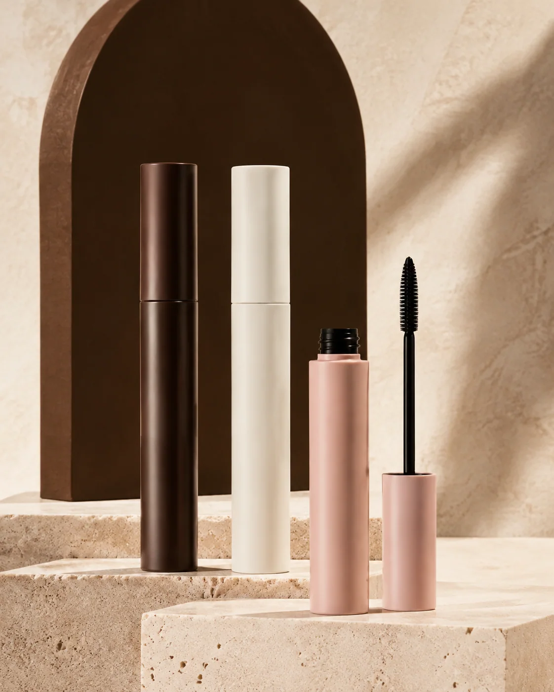 Unbranded mascara tubes and wands in a product arrangement