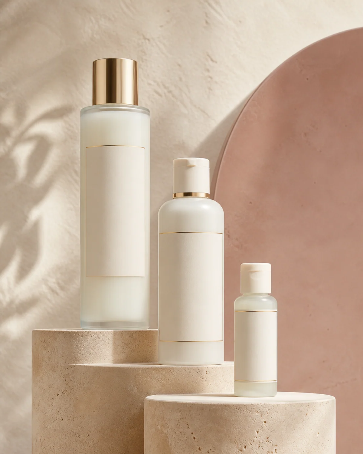 Unbranded milky toner bottles in frosted ivory glass on limestone plinths
