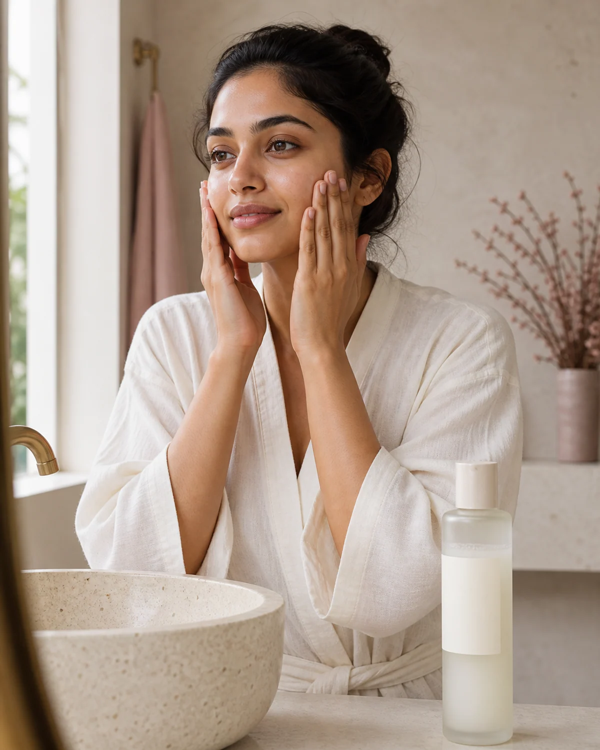 Woman pressing milky toner into her cheeks beside an unbranded frosted bottle
