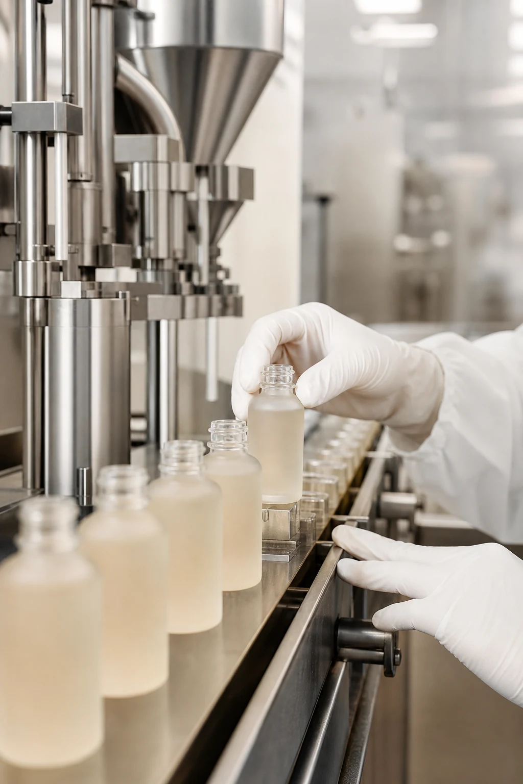 Skincare serum bottles inspected during premium production
