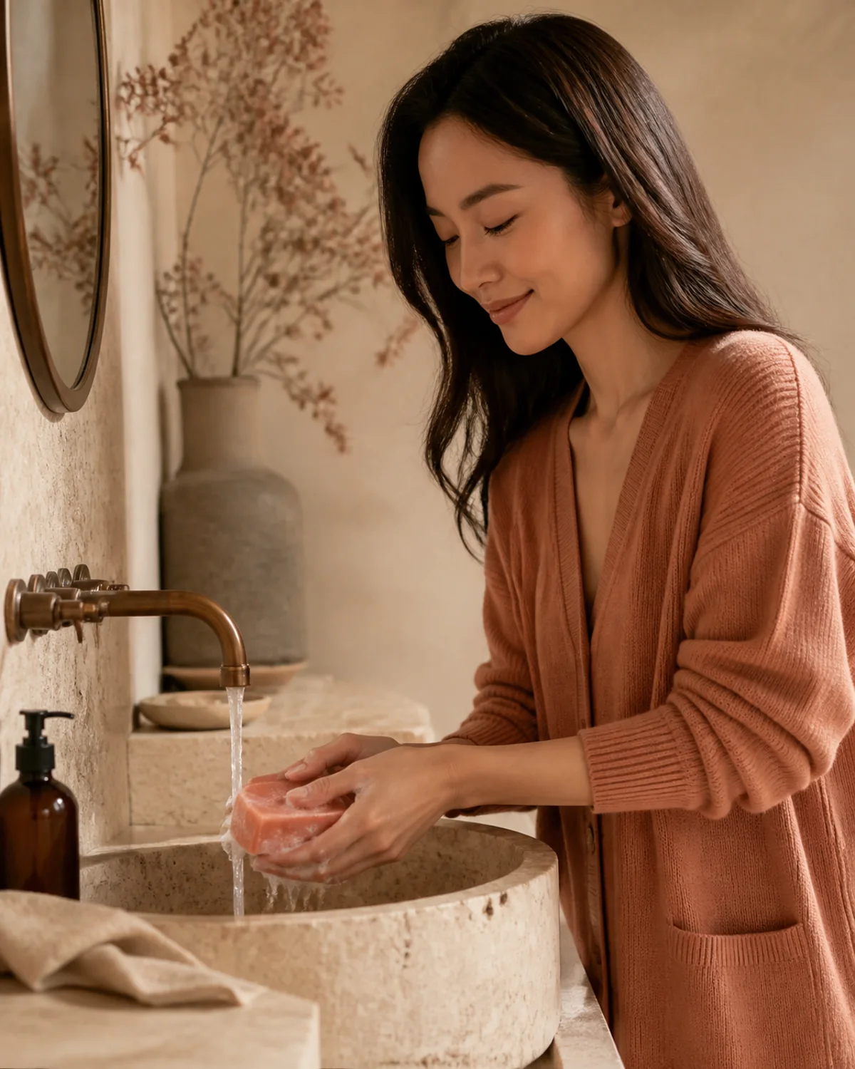 Adult model using an unbranded Botanical cleansing bar as part of a daily routine
