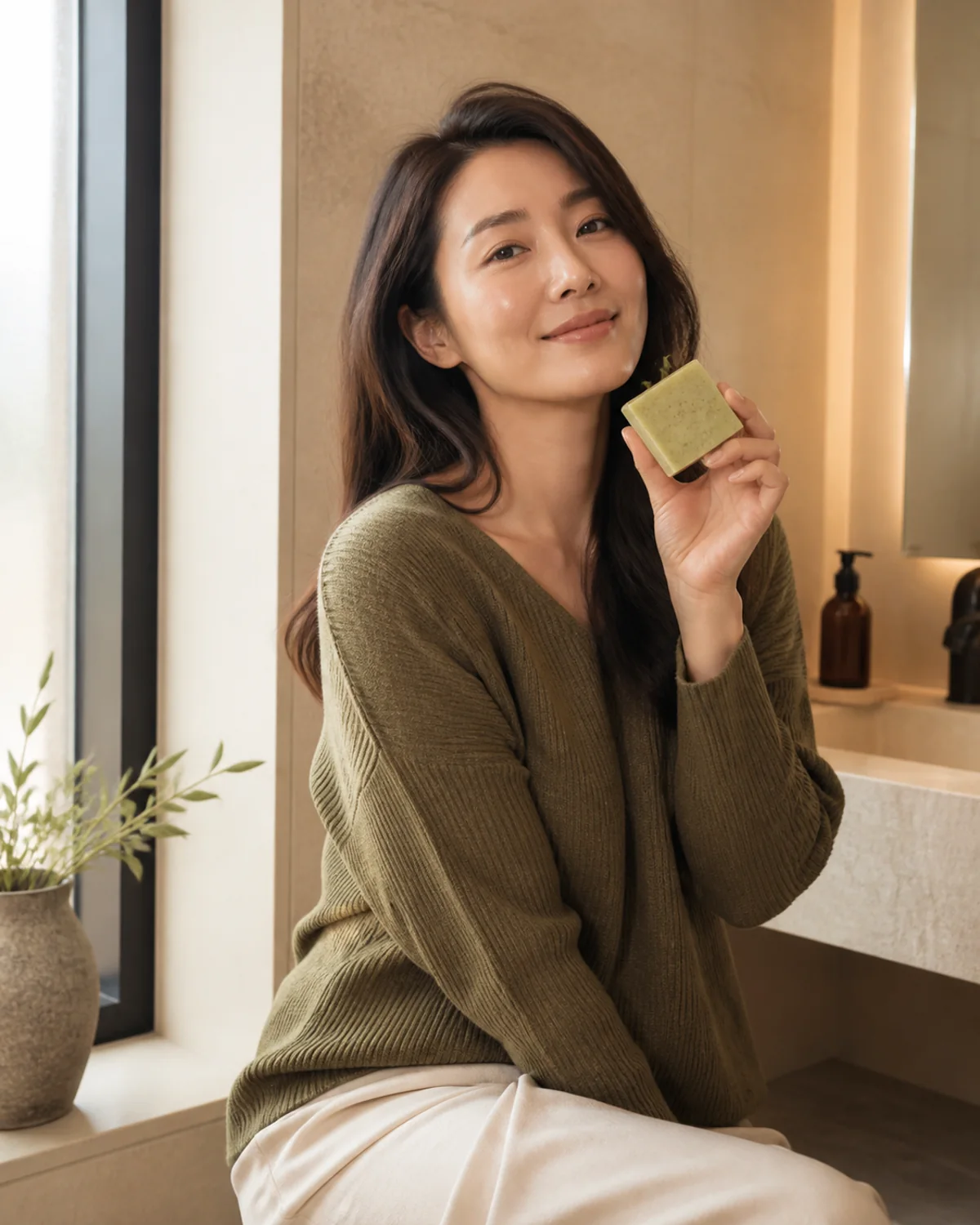 Adult model using an unbranded Botanical soap bar as part of a daily routine