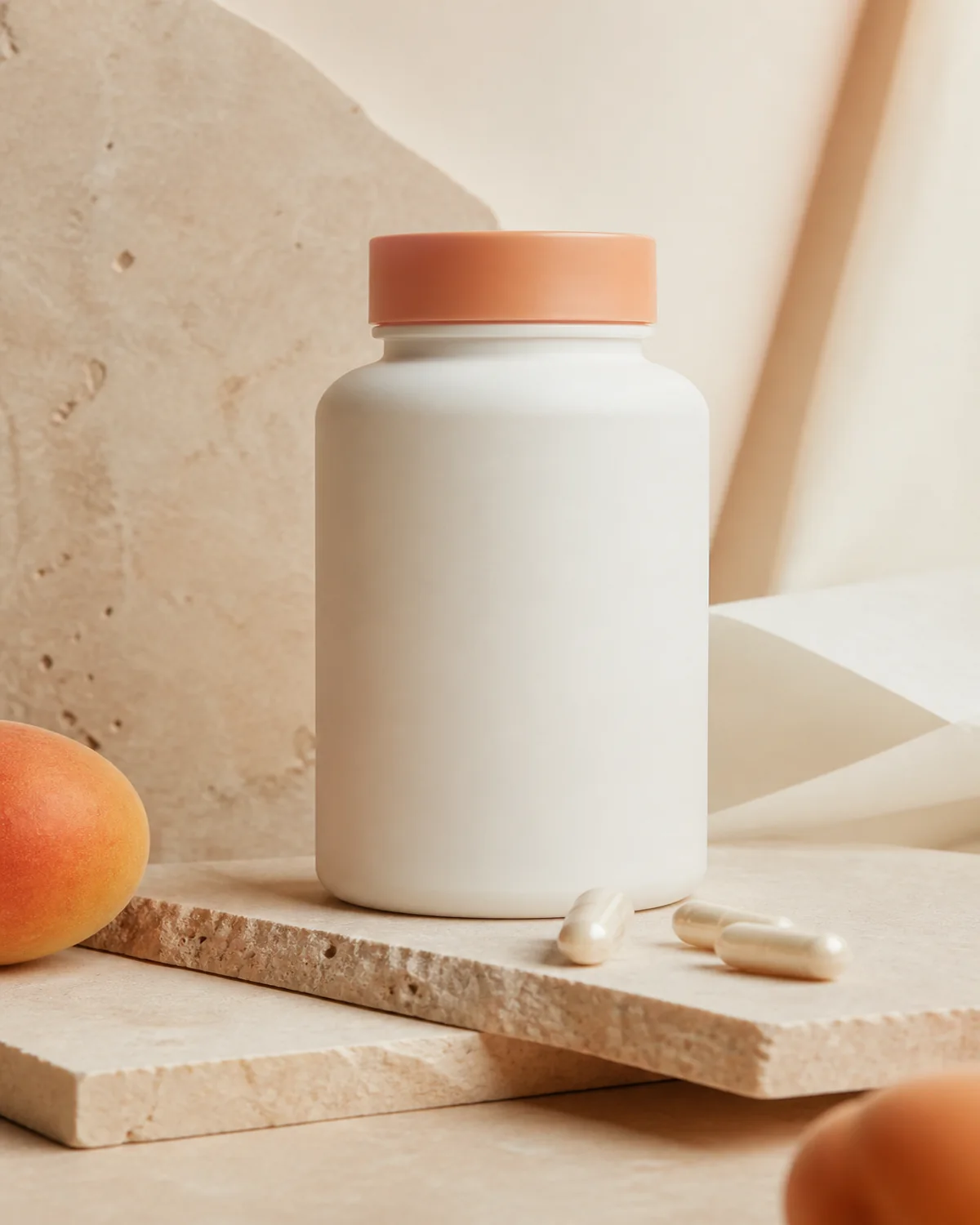 Unbranded vitamin C and collagen supplement bottle with capsules