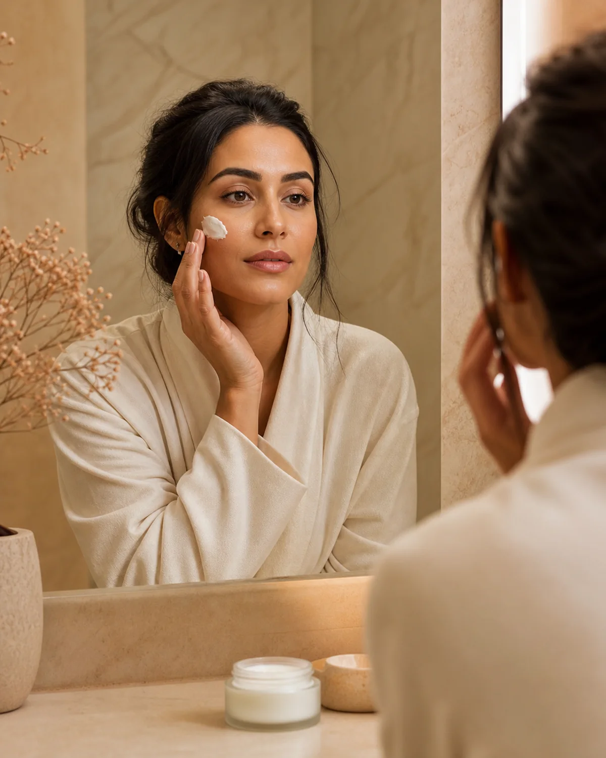 Adult model using an unbranded Face cream as part of a daily routine