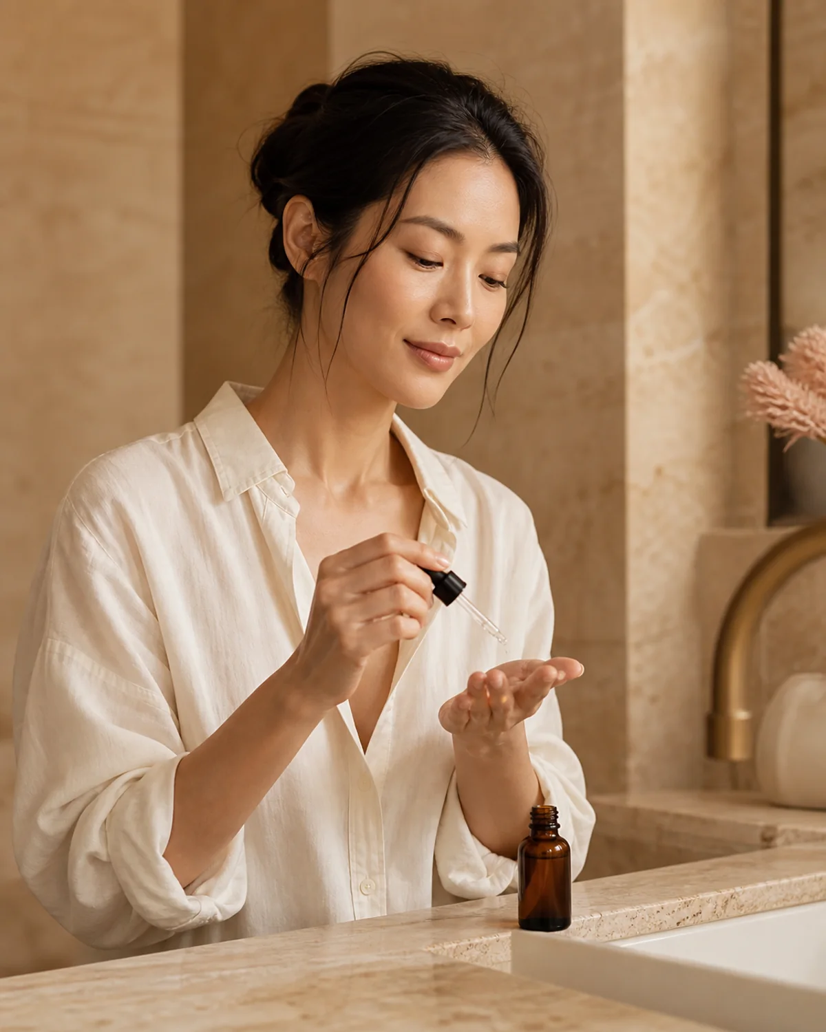 Adult model using an unbranded Facial serum as part of a daily routine