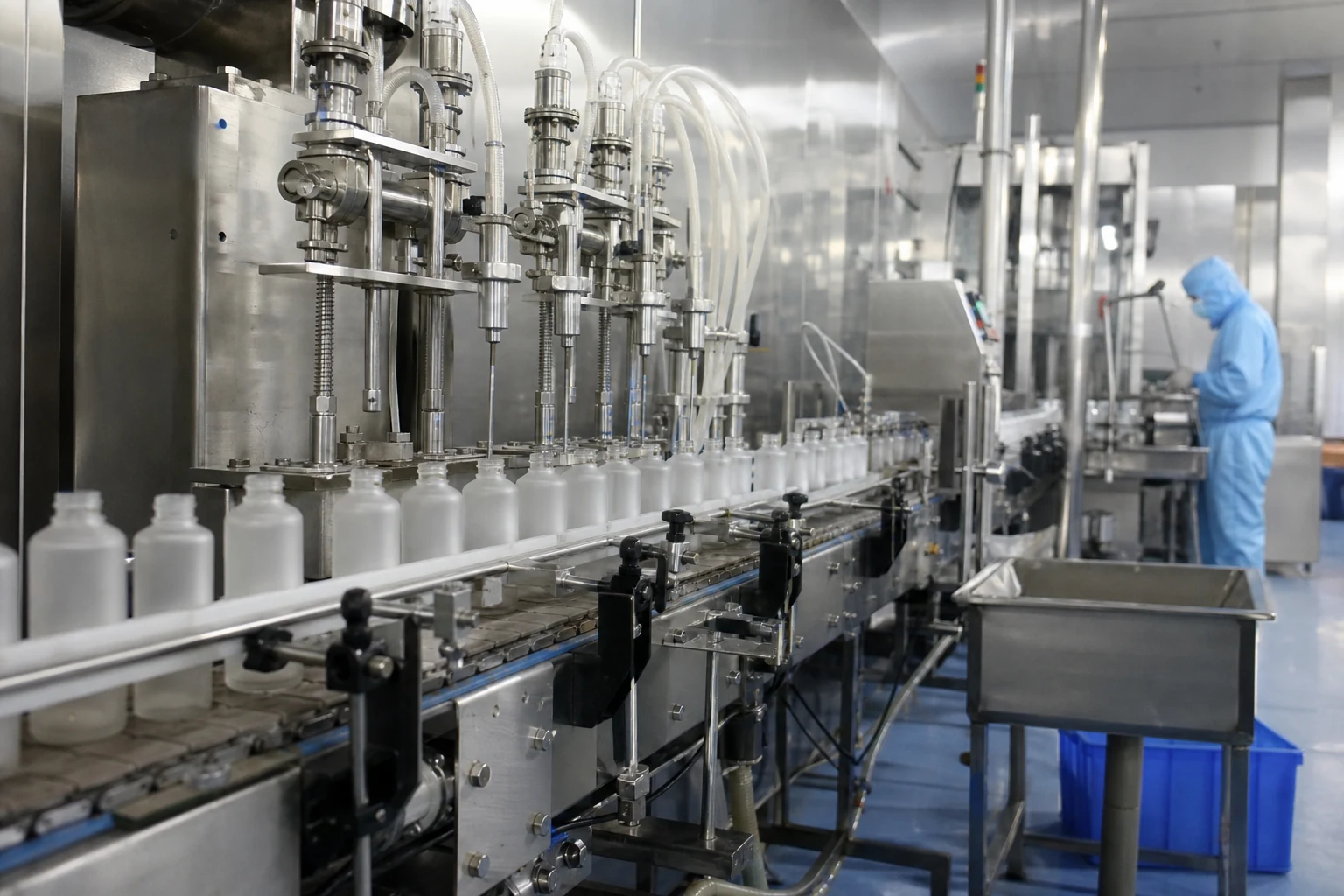 Skincare bottles progressing through a cosmetics filling line