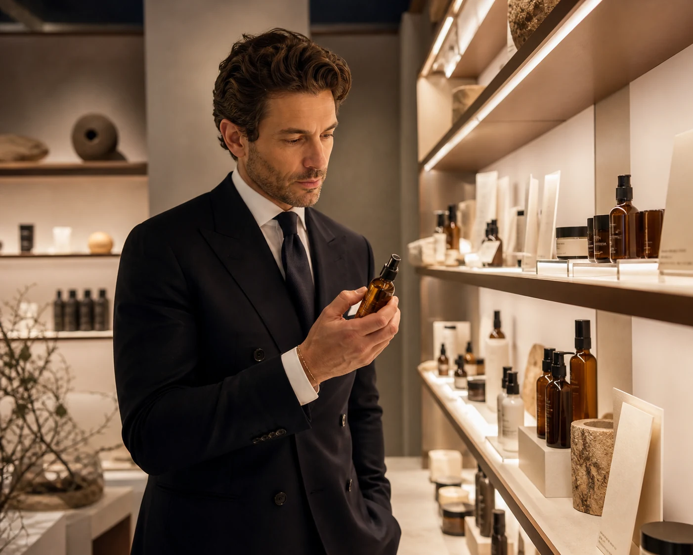 Luxury skincare wholesale buyer reviewing amber bottle in gallery retail setting